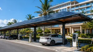 หลังคาโซลาร์เซลล์ลานจอดรถพร้อมจุดชาร์จ EV ในโรงแรม